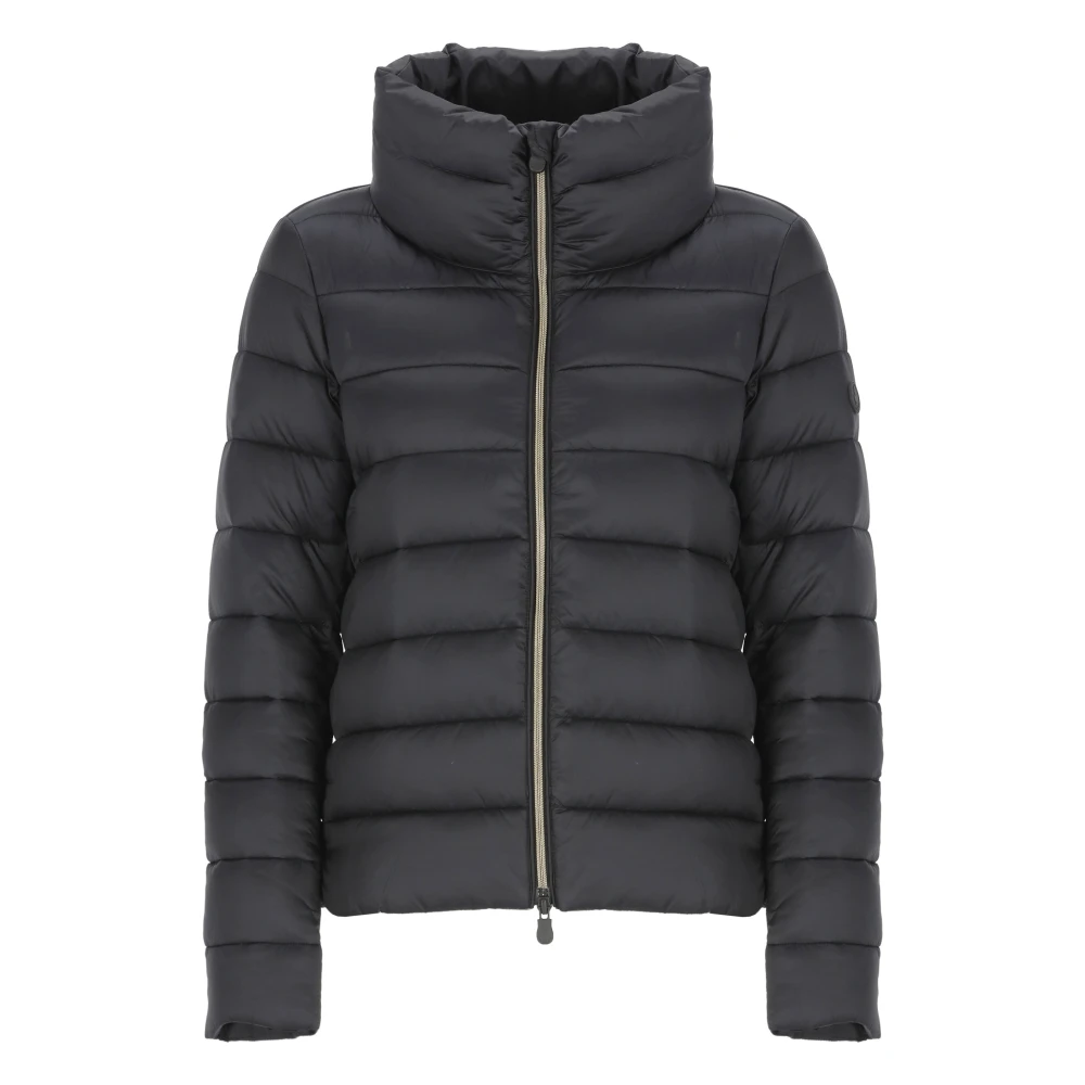 Save The Duck Zwarte Gewatteerde Jas Hoge Hals Rits Black Dames