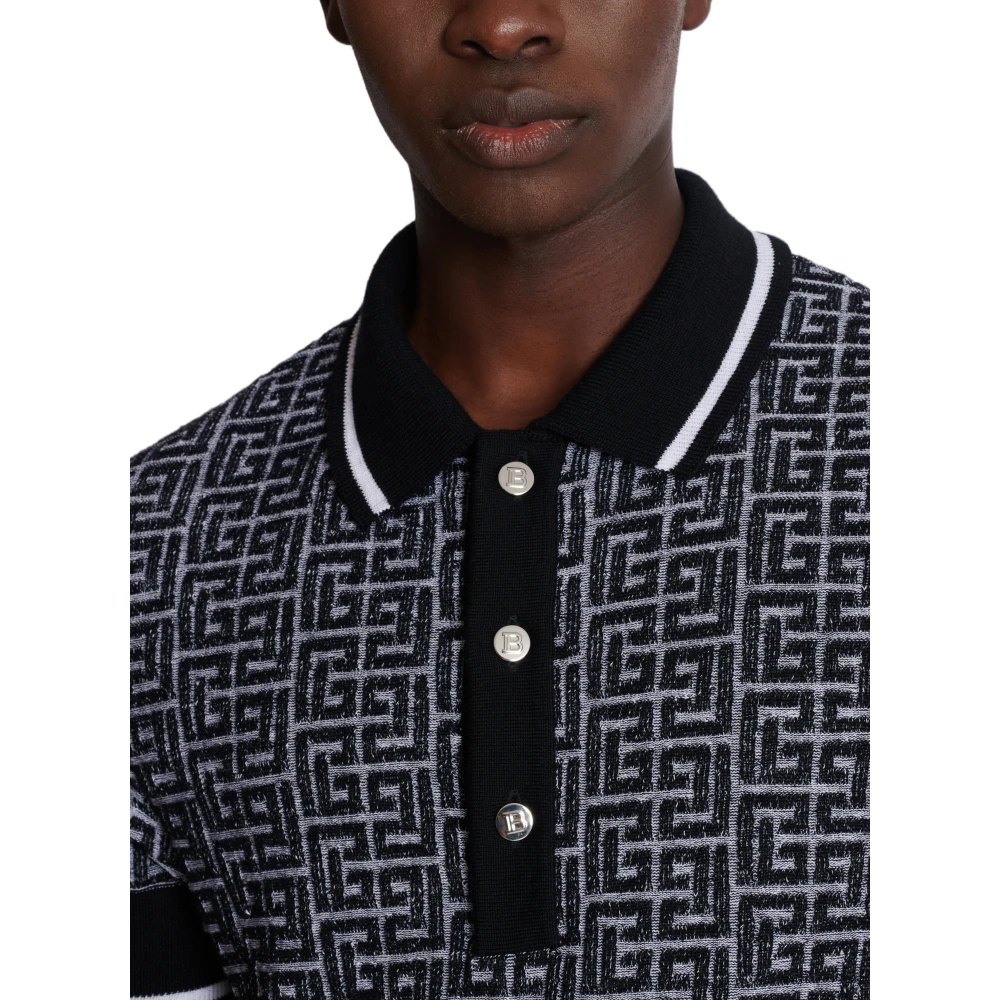 Balmain Labyrinth Knit Polo Shirt Black Heren