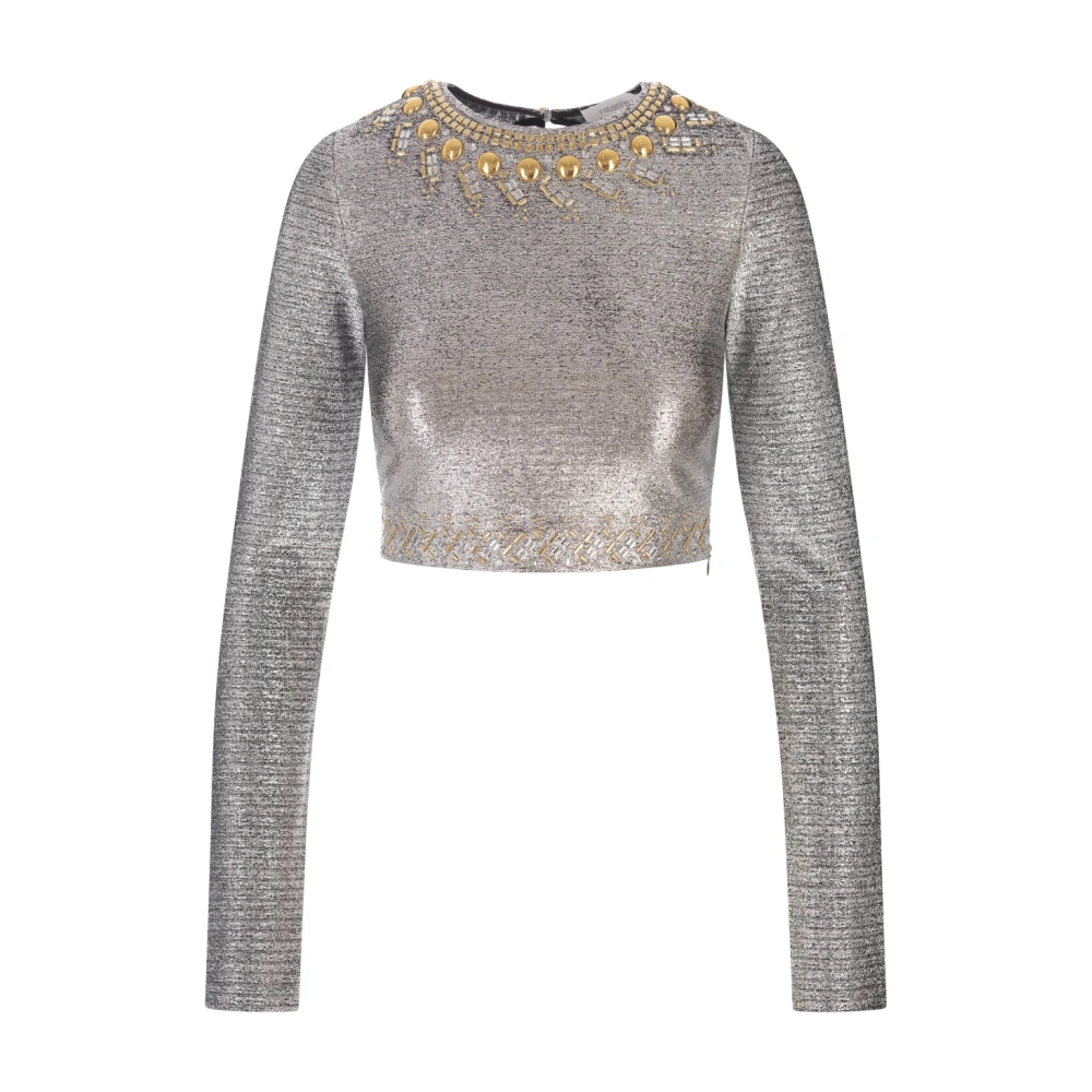 Paco Rabanne Zilveren Lamé Crop Top met Gouden Studs Gray Dames