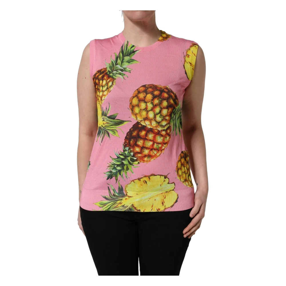 Dolce & Gabbana Women's Pink Pineapple Roundneck Sleeveless Tank Top - Sleeveless Tops - L - Tops