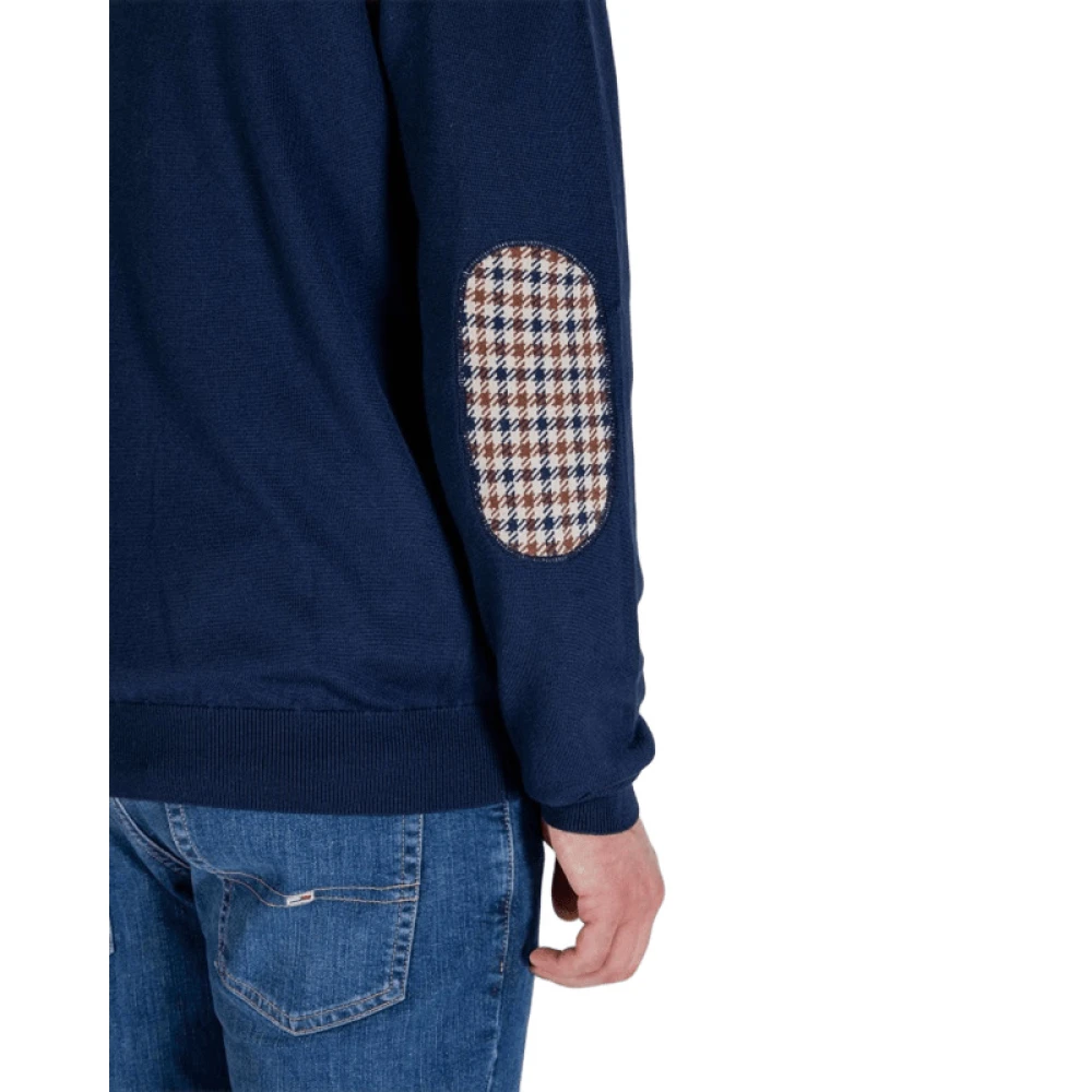 Aquascutum Merino Club Check Elleboog Patch Sweater Blue Heren