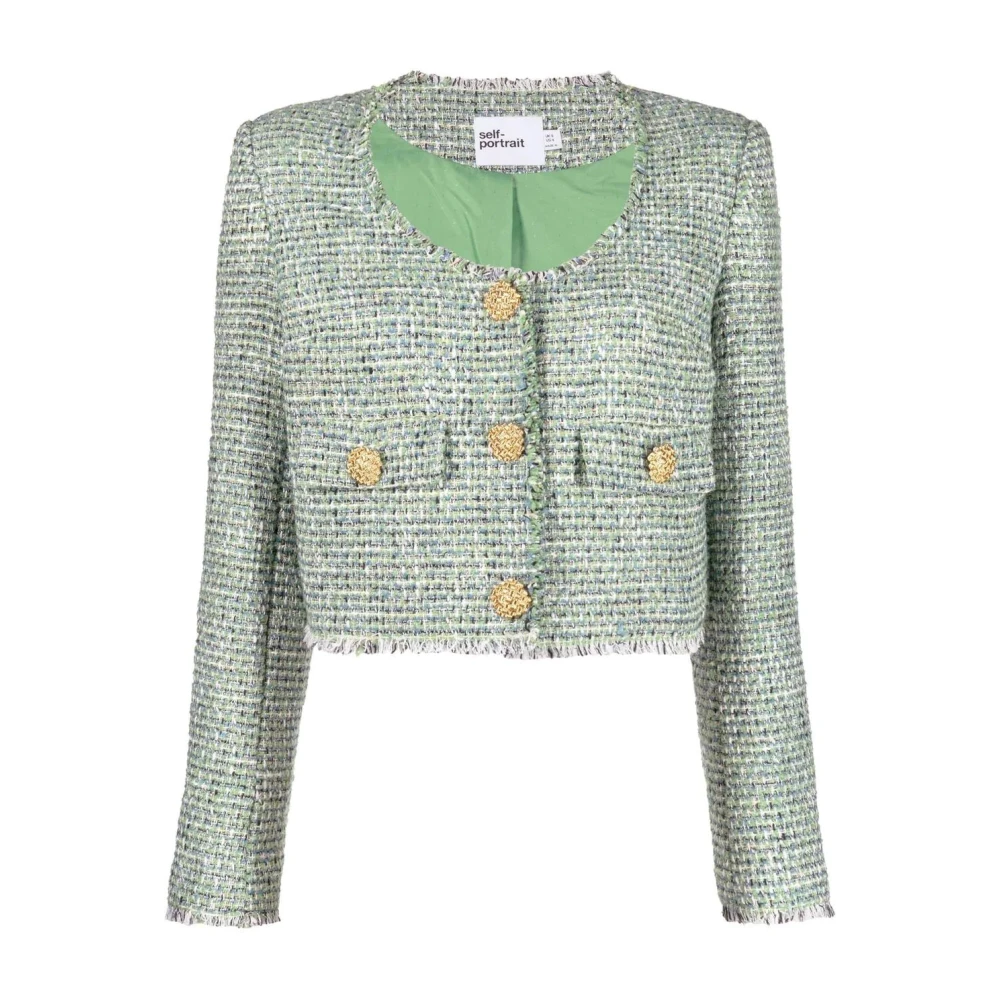 Self Portrait Elegant Grön Boucle Cropped Blazer Green, Dam