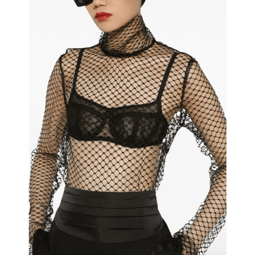 Dolce & Gabbana Zwarte Mesh Blouse Hoge Hals Lange Mouwen Black Dames