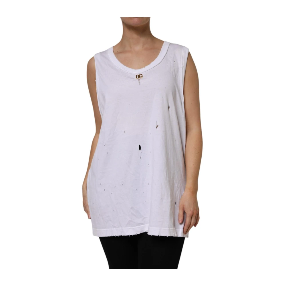 Dolce & Gabbana White Sleeveless Tops, Female, M, Cotton Logo Tank Top
