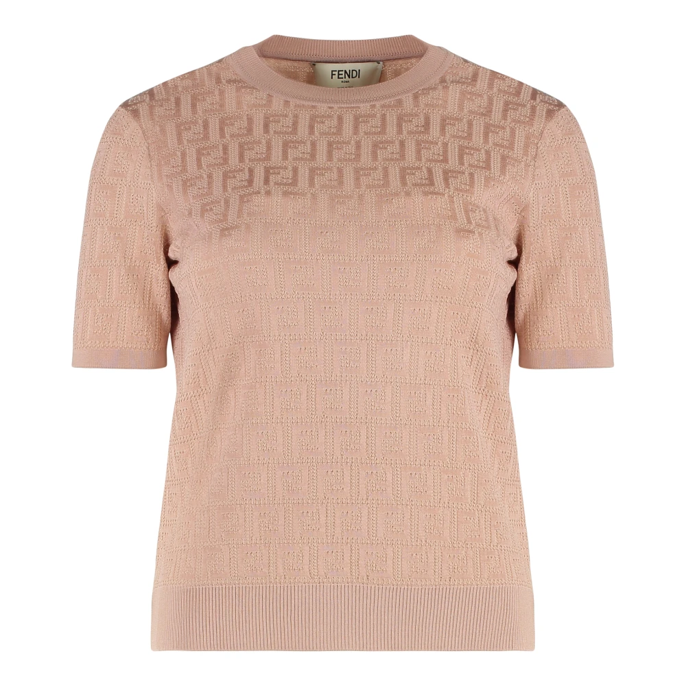 Fendi Women's Pink Ribbed Hemline Jacquard Knit T-Shirt - T-Shirts - 2XS - Tops