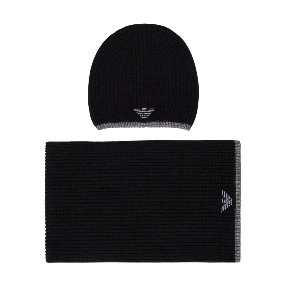 Emporio Armani Lyxigt Svart Grå Beanie+Halsduk Set med Logo Black, Herr