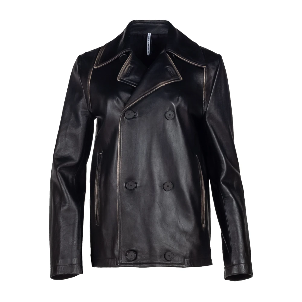 Liviana Conti Zwarte Double-Breasted Leren Jas Black Dames