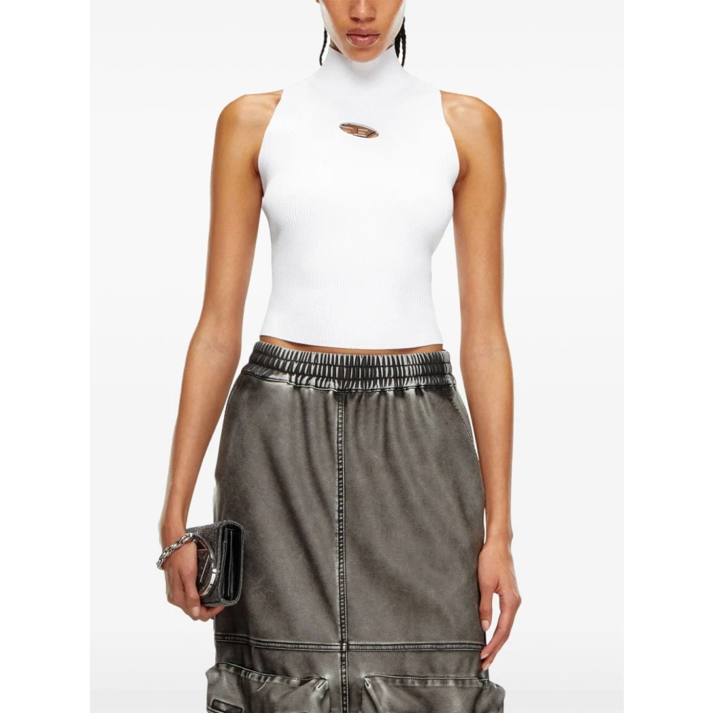 Diesel Witte Geribbelde Gebreide Top met Hoge Hals White Dames