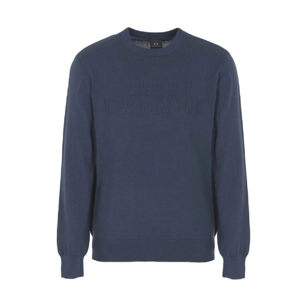 Armani Exchange Men's Blue Crew Neck Jumper - Round-Neck Knitwear - Xs - Knitwear