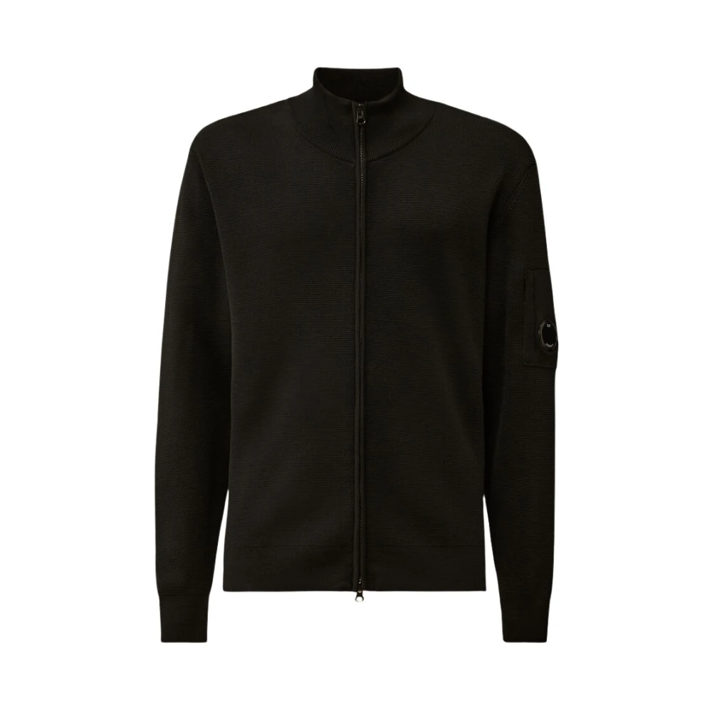 C.p. Company Men's Black Re-Wool Full Zip Lens Cardigan - Cardigans - M - Knitwear