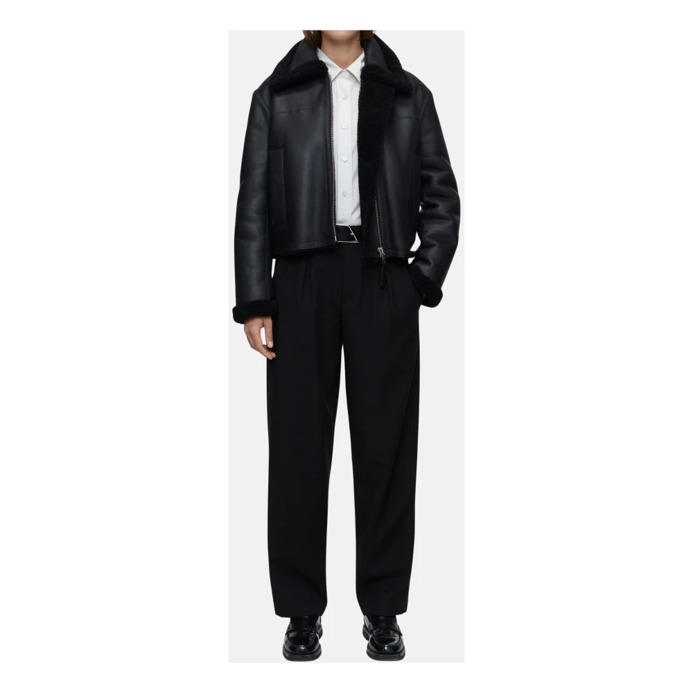 closed Aviator Style Schapenleren Jas met Zijzakken en Ritssluiting Black Dames