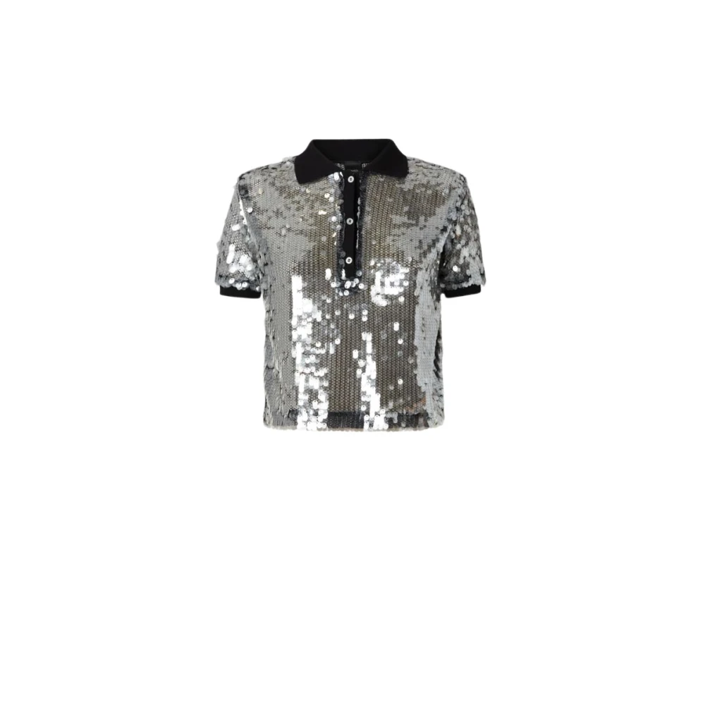 pinko Paillet Mesh Polo Top Gray Dames