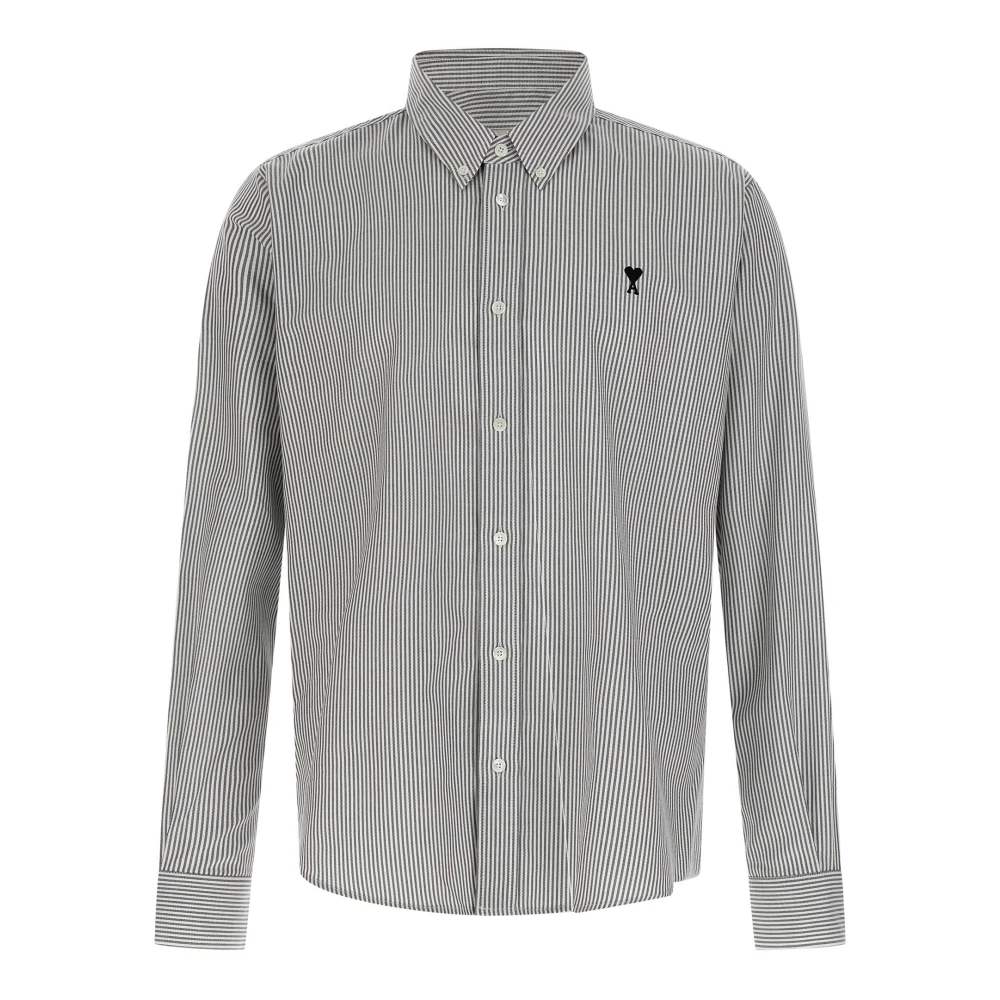 Ami Paris Herr Grå Skjortor M, Bomull, Classic Fit Ami De Coeur Randig Oxford Skjorta Med Knappar