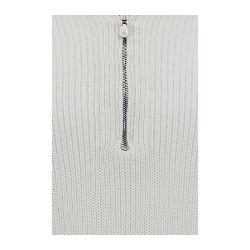 BRUNELLO CUCINELLI Geribbelde Katoenen Half-Zip Hoge Kraag Vest White Heren