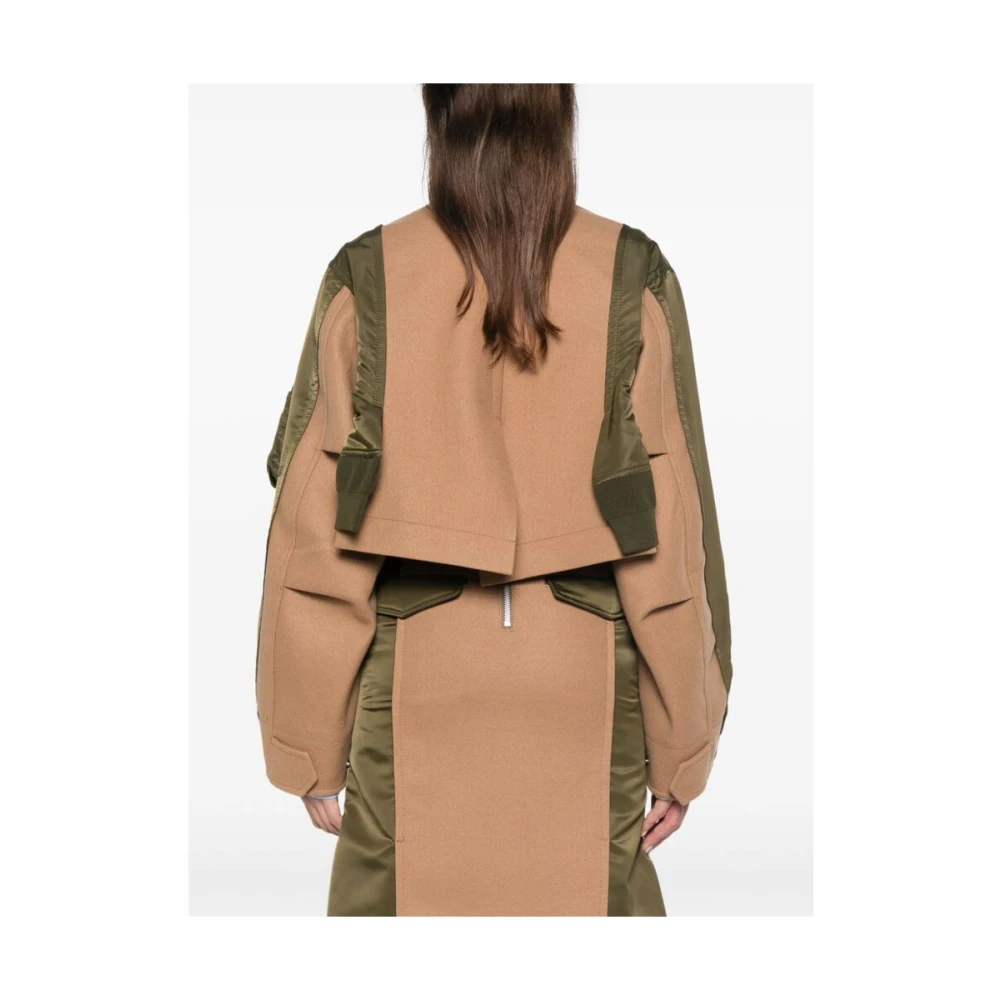 Sacai Groene Wol Staande Kraag Jas Brown Dames