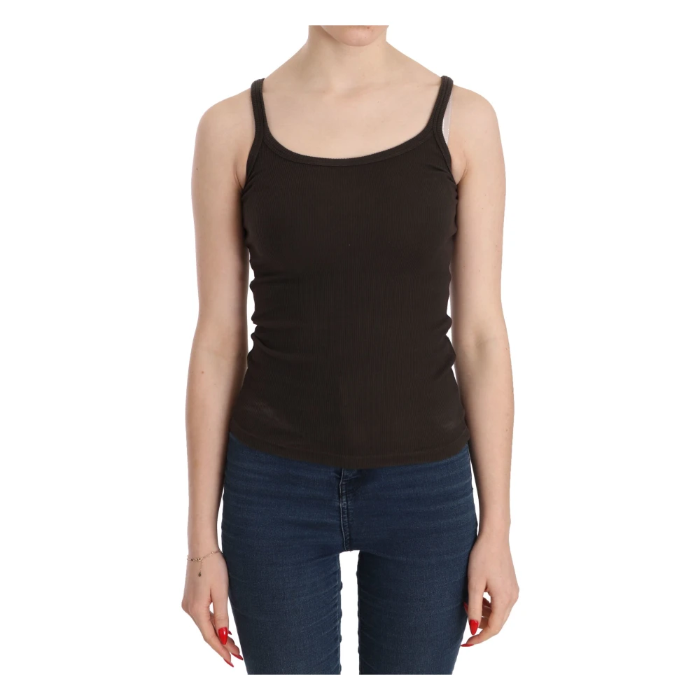Pink Memories Women's Brown Sleeveless Tops, Xs, Elegant Dark Spaghetti Strap Blouse