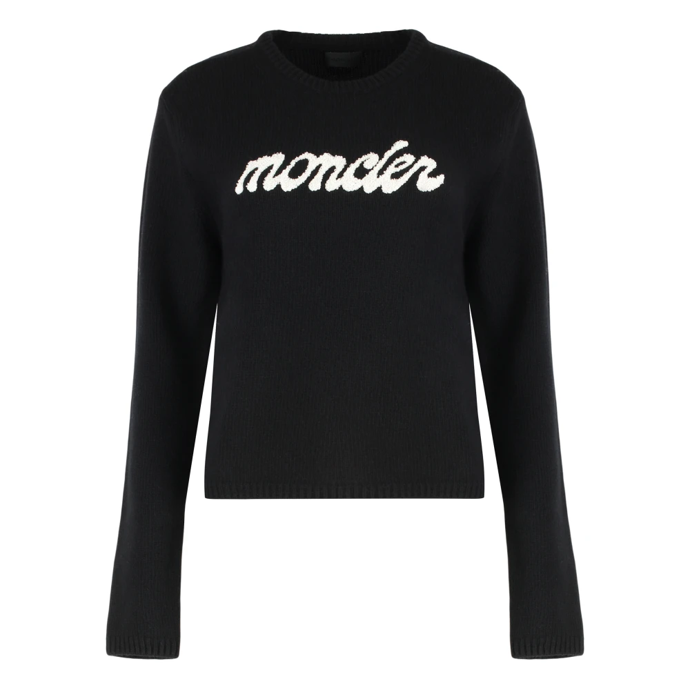 Moncler Women's Black Embroidered Logo Wool & Cashmere Jumper - Round-Neck Knitwear - Xs - Knitwear
