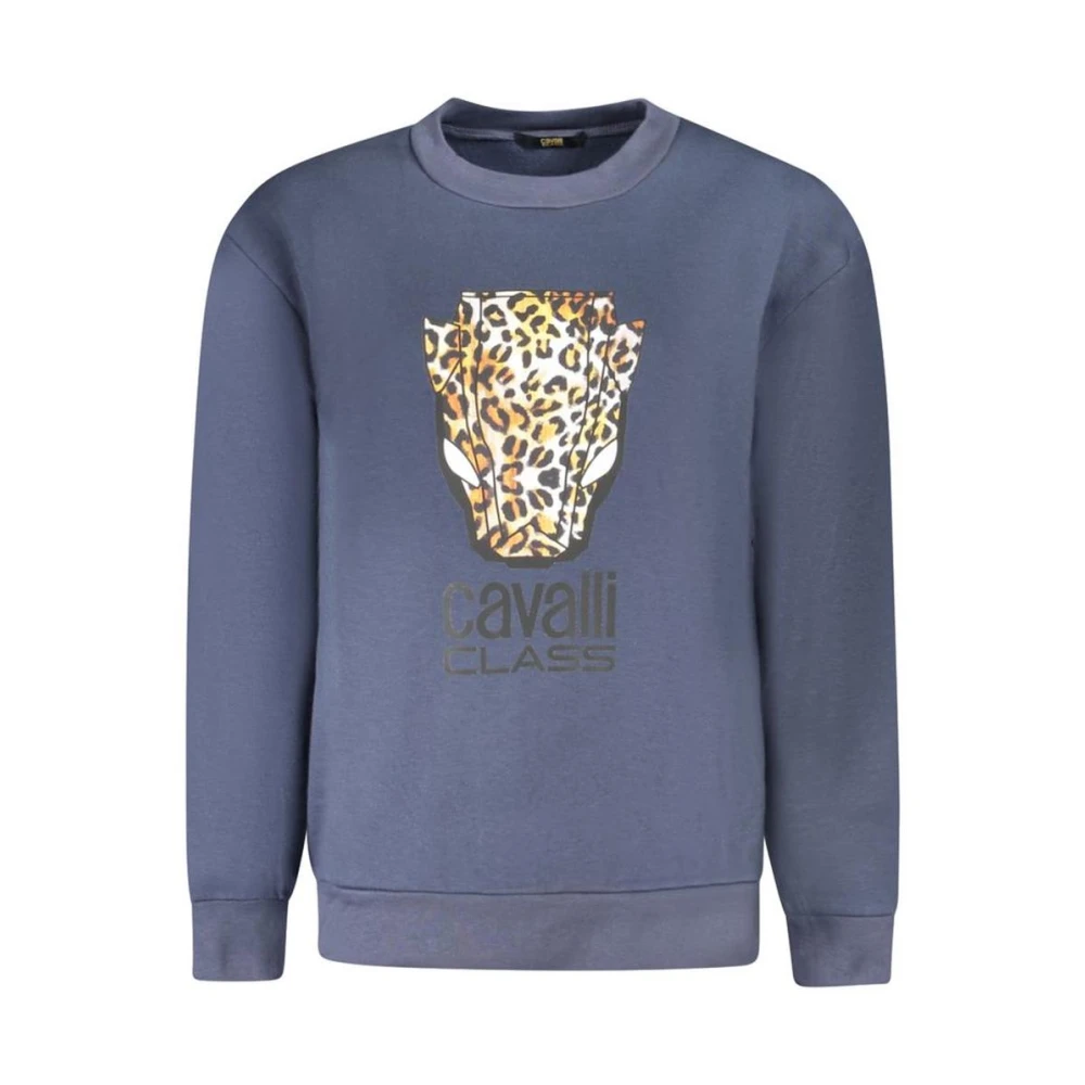 Cavalli Class Women's Blue Leopard Print Crew Neck Sweater