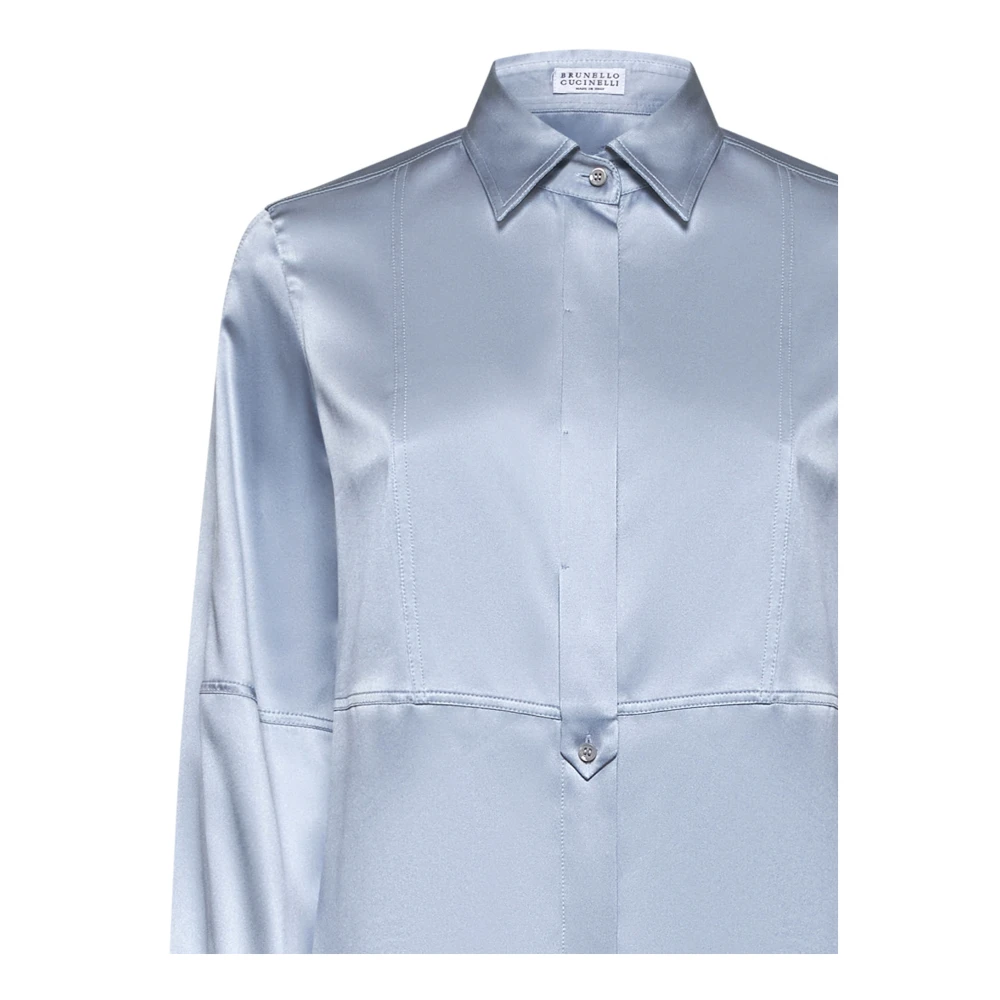 BRUNELLO CUCINELLI Licht Denim Zijden Satijnen Overhemd Blue Dames