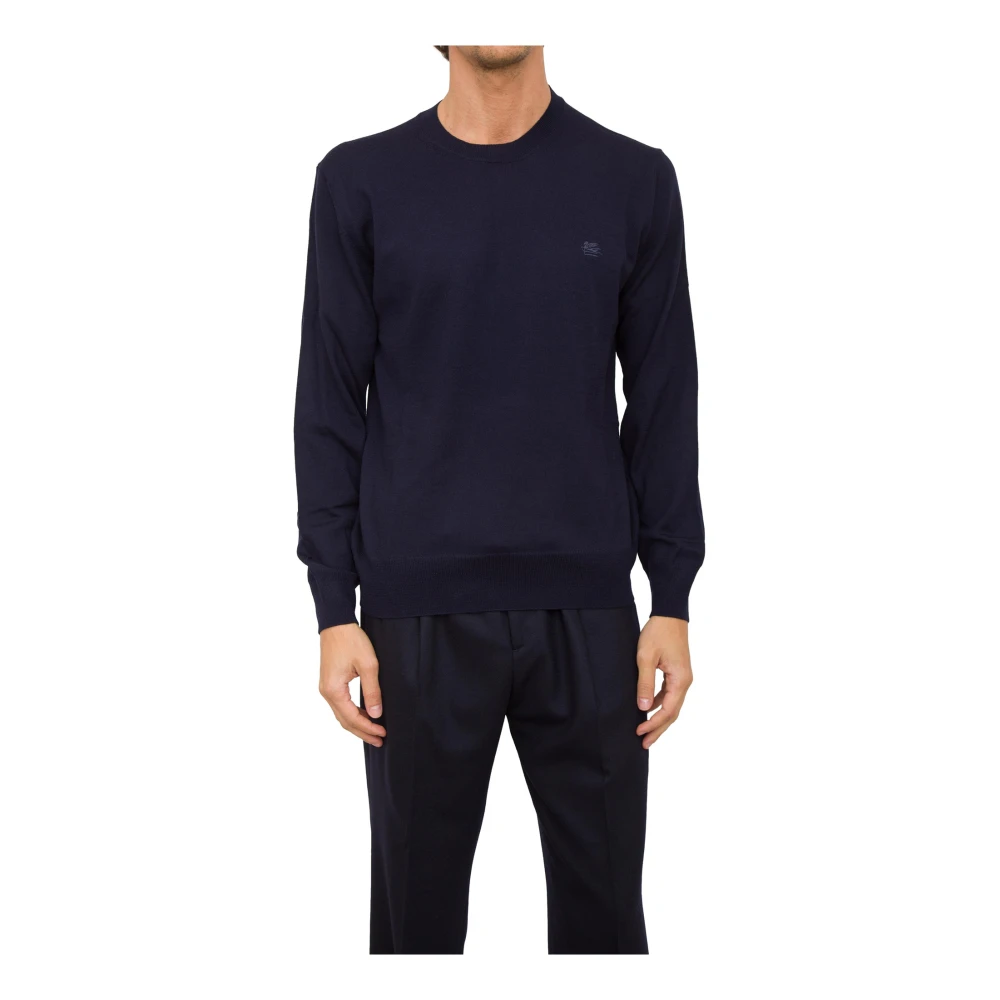 ETRO Blauwe Gebreide Crew Neck Trui Blue Heren