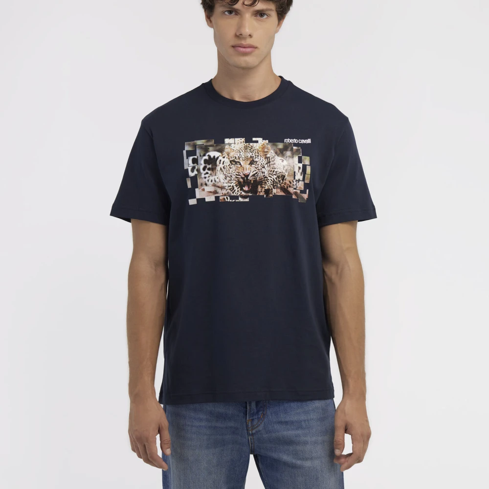 Roberto Cavalli T-shirt met Jaguar en Slangenprint White Heren