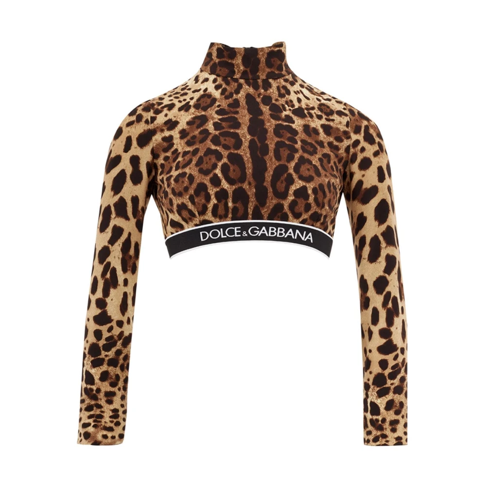 Dolce & Gabbana Leopard Print Cropped Top met Turtle Neck Brown Dames