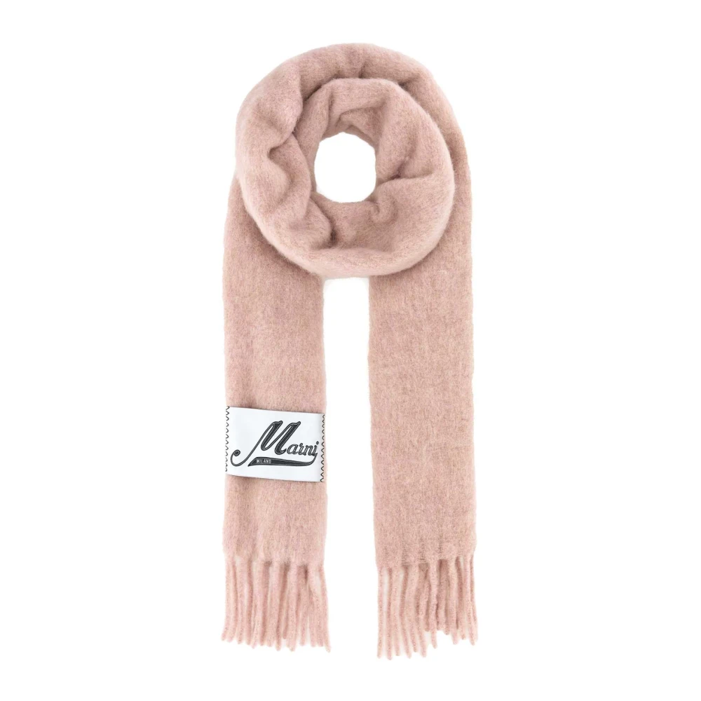 Marni Men's Pink Winter Scarves, One Size, Logo Patch Fringed Scarf