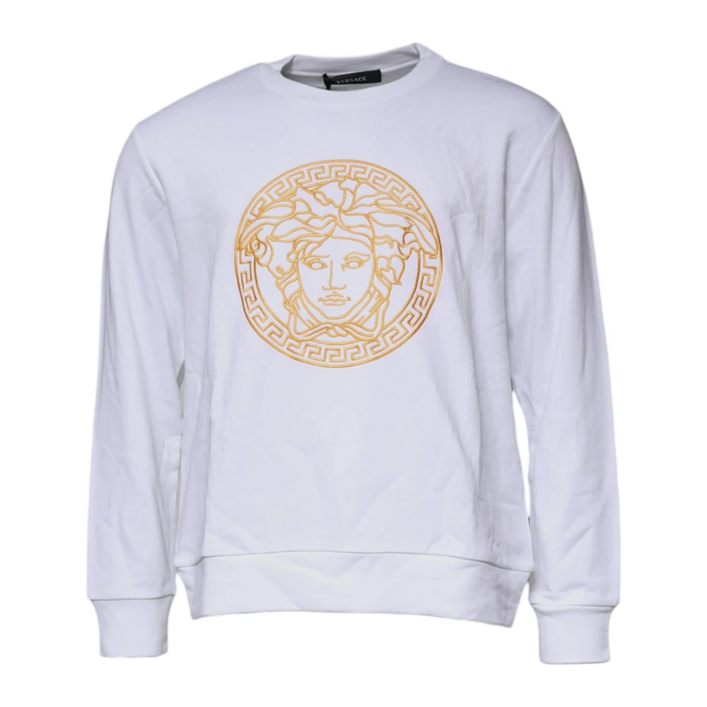 Versace Men's White Embroidered Crew Neck Pullover Jumper