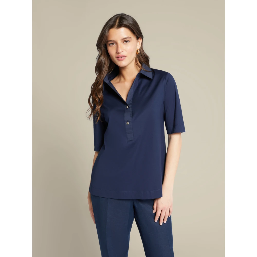 Elena Mirò Satin Kraag T-Shirt Korte Mouw Blue Dames
