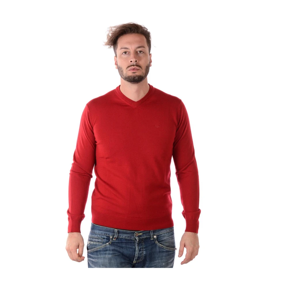 Emporio Armani Herr Röd Stickade Tröjor 2XL, Mysig Stickad Tröja