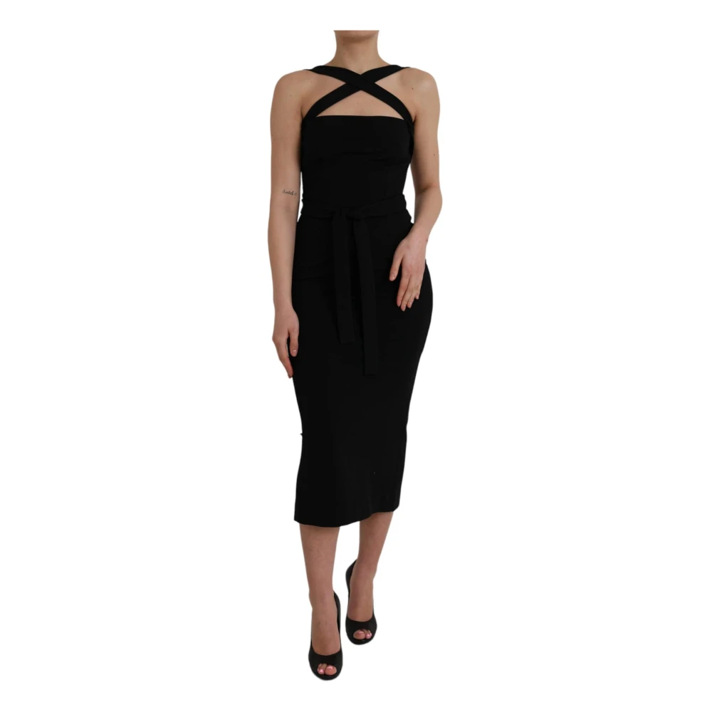 Dolce & Gabbana Zwarte Halter Sheath Midi Jurk Black Dames