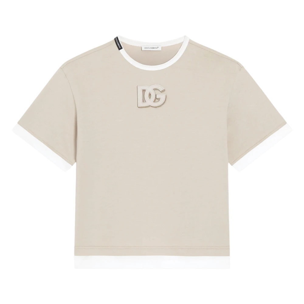 Dolce & Gabbana Beige Kids Short Sleeve T-Shirts, Male, 14 Y, Cotton Logo T-Shirt
