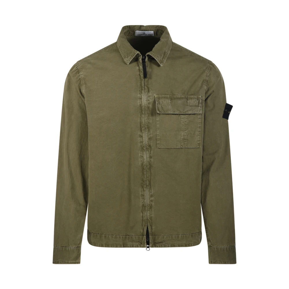 Stone Island Men's Green Light Jackets, M, Logo Patch Overshirt