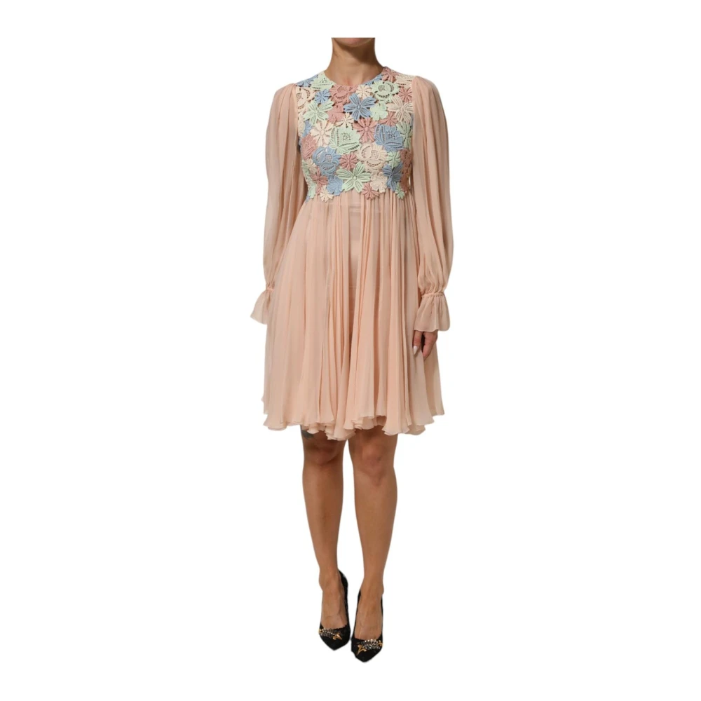 Dolce & Gabbana Pink Floral Embroidery Pleated A-line Dress - IT40|S - Image 3