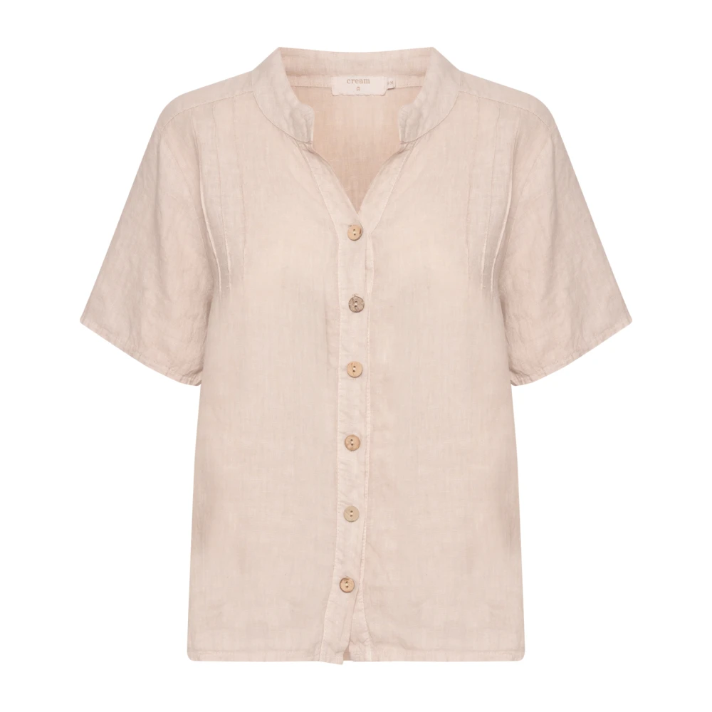 Cream Zand Linnen Shirt met V-Hals Beige Dames