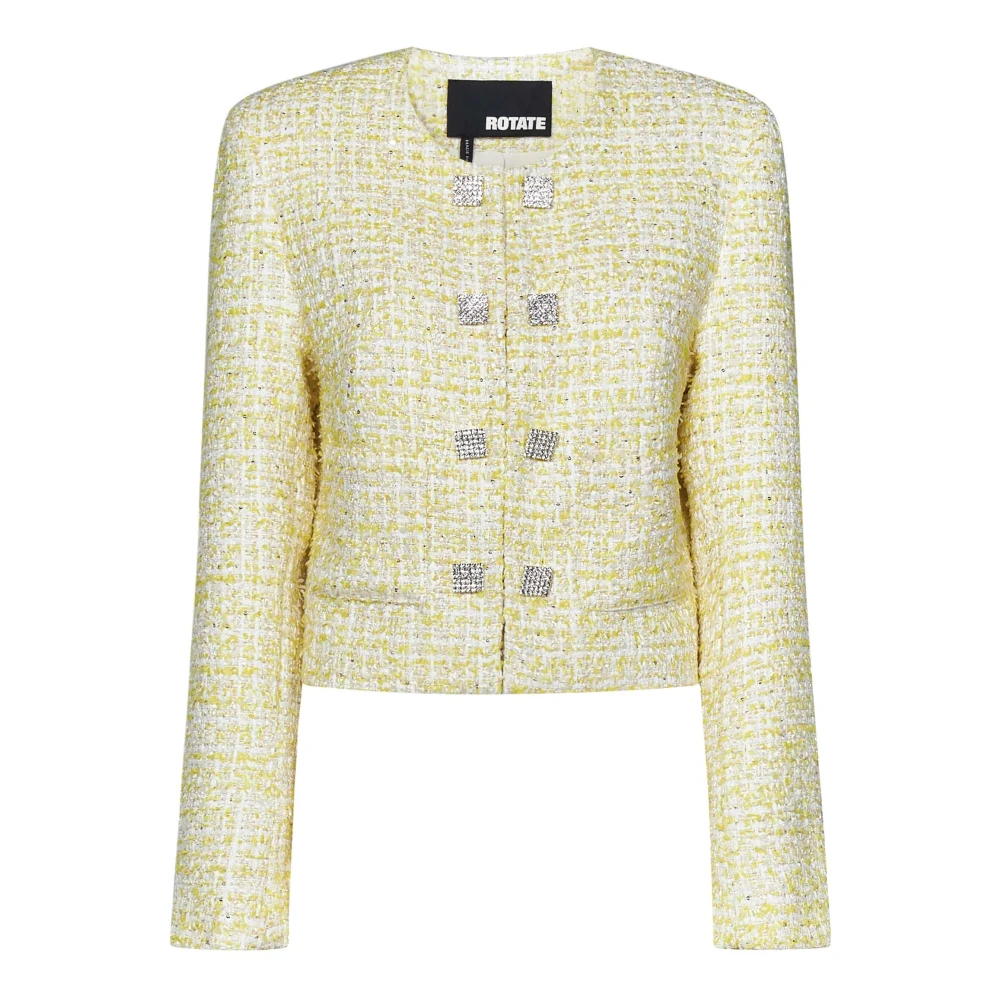 Rotate Birger Christensen Women's Yellow Tweed Jackets, L, Bouclé Tweed Cropped Blazer