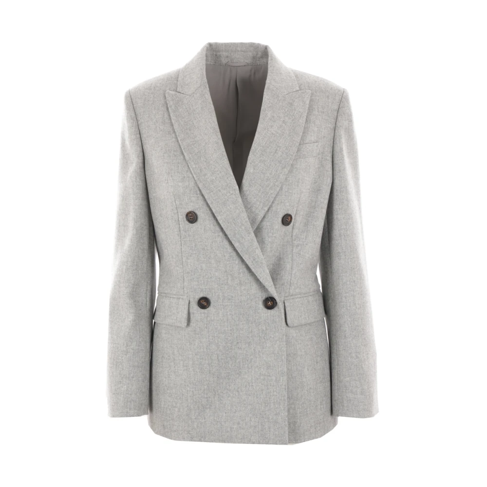 BRUNELLO CUCINELLI Lichtgrijze Wollen Flanellen Dubbelborst Jas Gray Dames