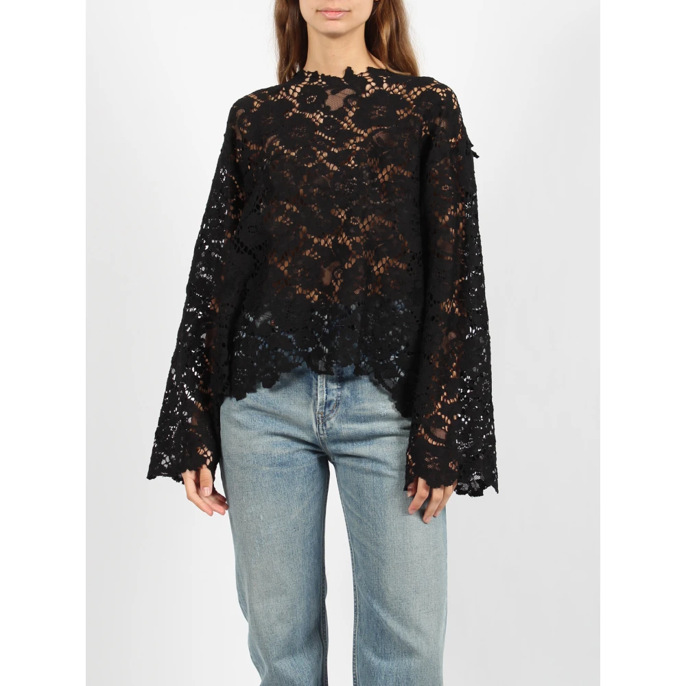 Nude Macramé kanten blouse met lange mouwen Black Dames