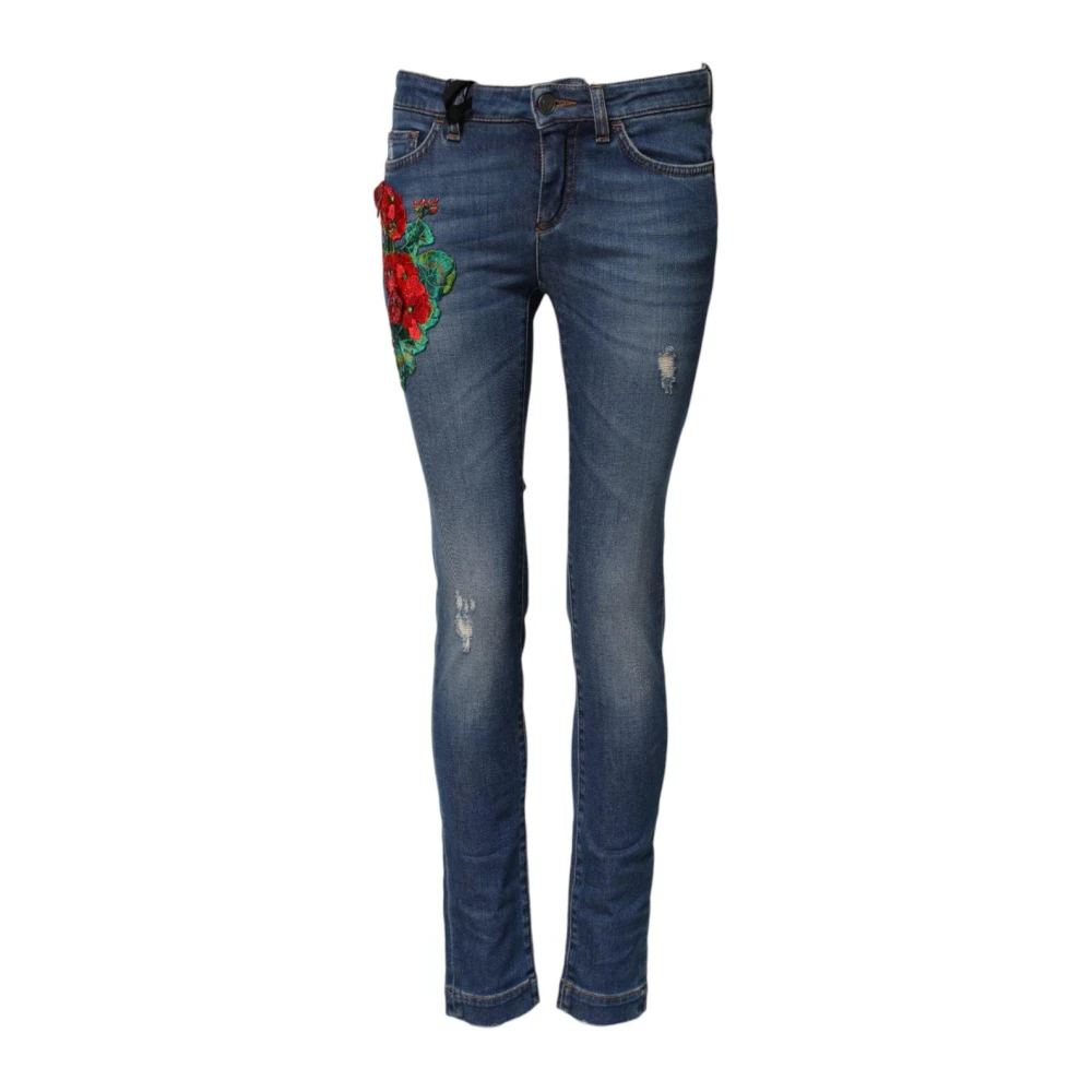 Dolce & Gabbana Women's Blue Floral Embroidery Skinny Denim Jeans