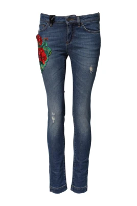 Skinny Denim Jeans med Blommig Brodyr