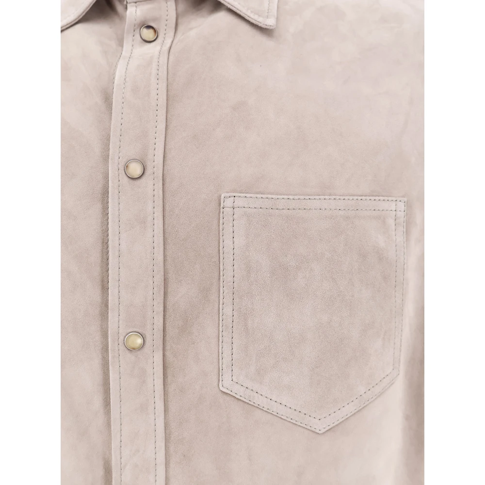 BRUNELLO CUCINELLI Suede Snap Button Shirt Italië Gemaakt Gray Heren