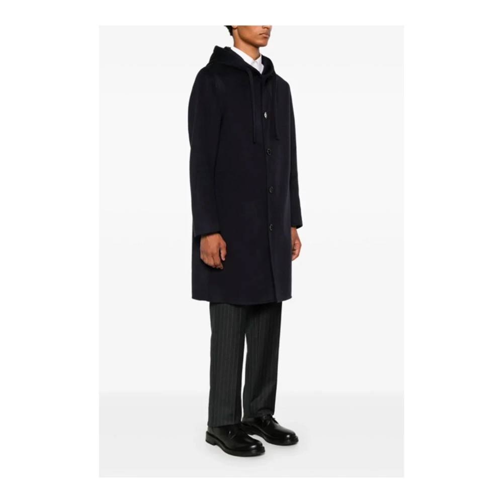 Lardini Blauwe Wol Trekkoord Hood Jas Blue Heren