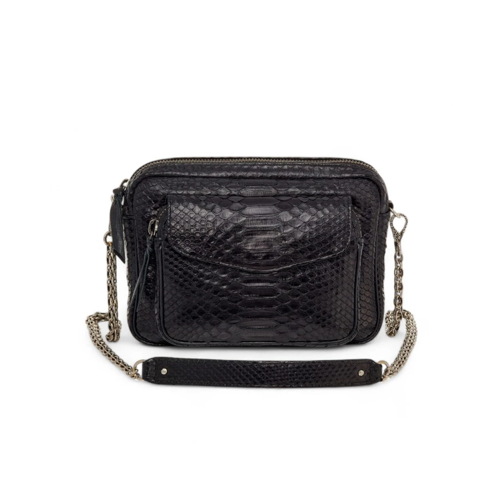 Claris Virot Zwarte Python Schoudertas met Zilveren Ketting Black Dames