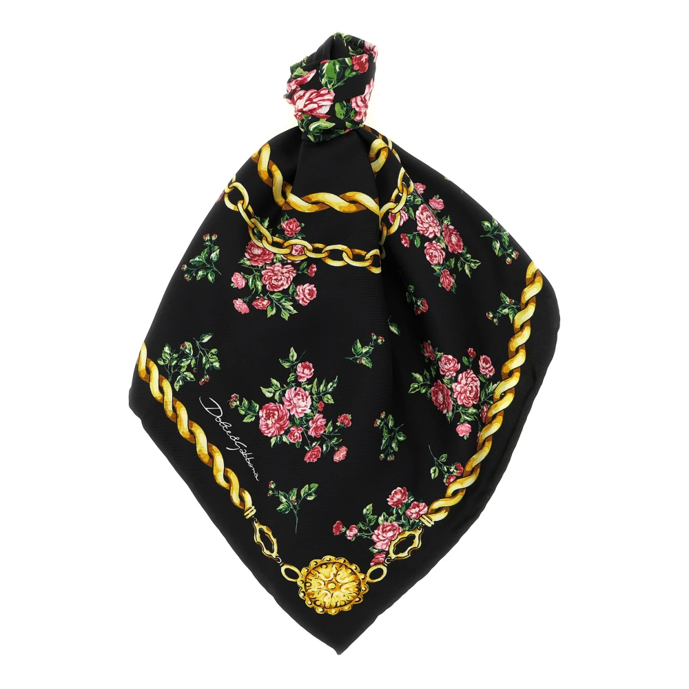 Dolce & Gabbana , Silk Scarves, Female, Black, One Size, Mazzolini Di Rose Silk Twill Scarf