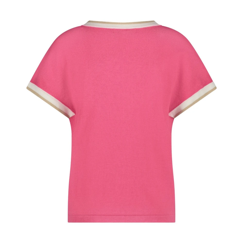 Red Button Roze V-hals Shirt met Gekleurde Rand Pink Dames