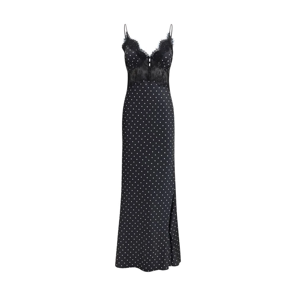 Self Portrait Women's Black Gowns, S, Polka Dot Satin Lace Maxi Dress