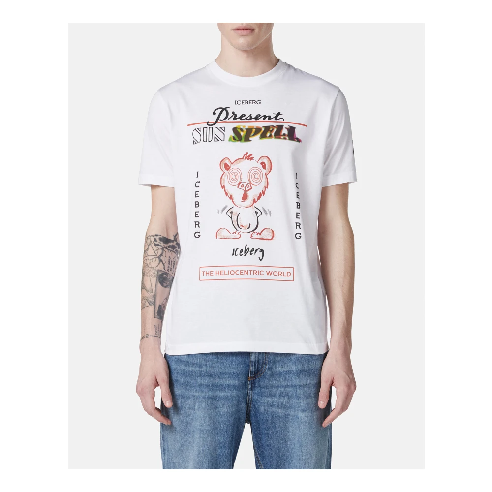 Iceberg Wit regular fit katoenen T-shirt met maxi multicolor Bear print White Heren