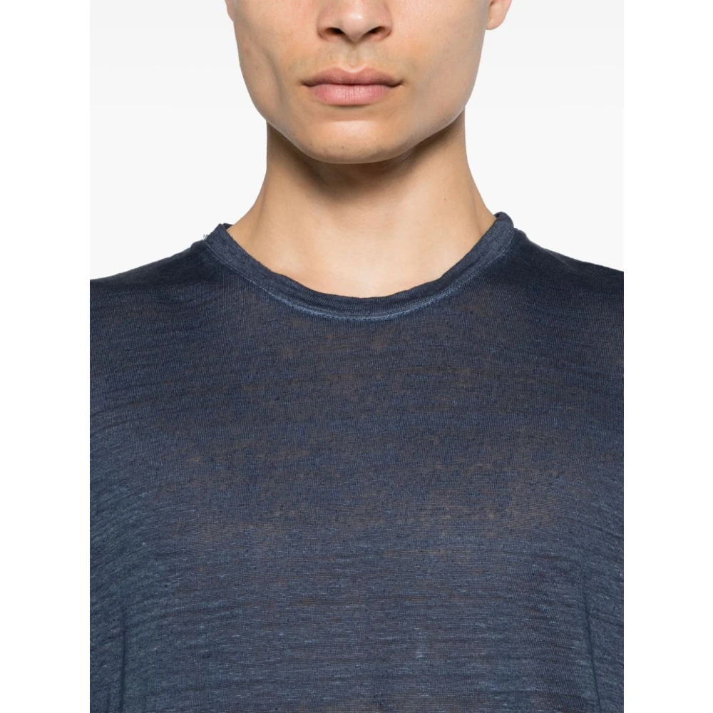 120% lino Blauw Linnen Crew Neck Lange Mouw Blue Heren