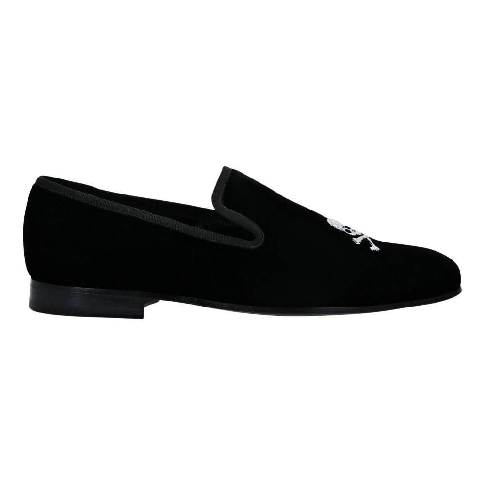 Philipp Plein Herr Svart Skor 43 Eu, Läder, Velvet Loafers Embroidery Skull
