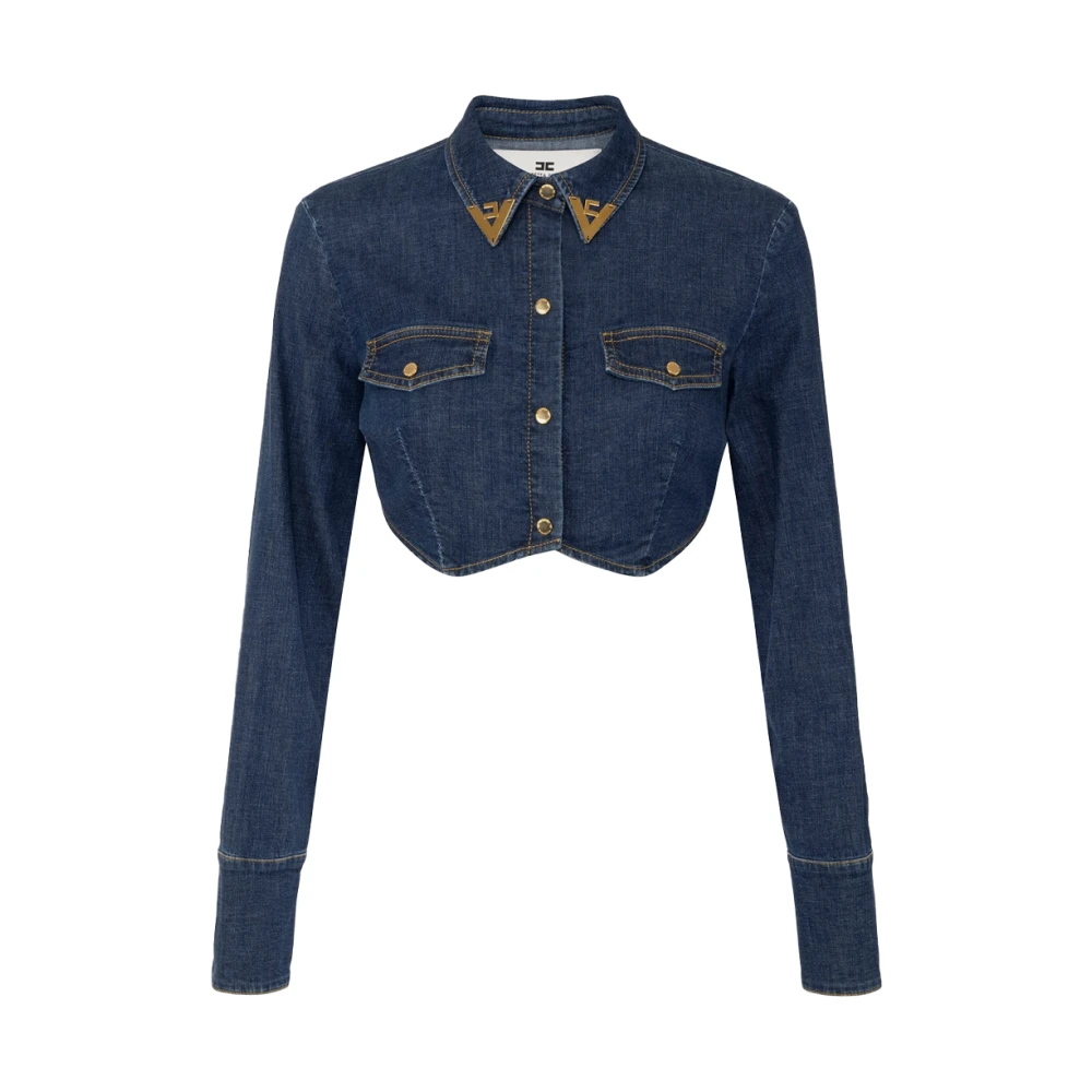 Elisabetta Franchi Denim Cropped Shirt met Juweel Details Blue Dames